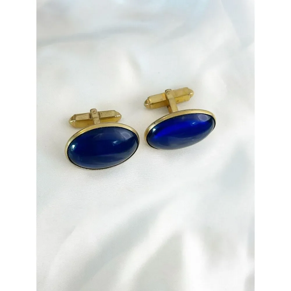 Anson Cobalt Blue Cabochon Cuff Links Oval Gold Tone